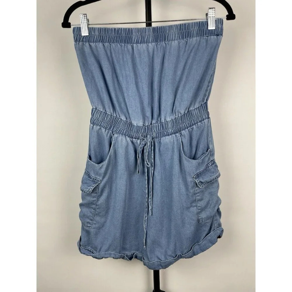 Le Lis Blue Chambray 100% Tencel Strapless Cargo Romper Size S‎ - Picture 1 of 7